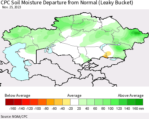 Kazakhstan CPC Soil Moisture Departure from Normal (Leaky Bucket) Thematic Map For 11/21/2023 - 11/25/2023