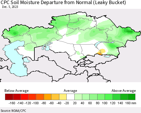 Kazakhstan CPC Soil Moisture Departure from Normal (Leaky Bucket) Thematic Map For 12/1/2023 - 12/5/2023