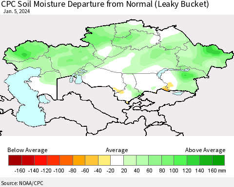 Kazakhstan CPC Soil Moisture Departure from Normal (Leaky Bucket) Thematic Map For 1/1/2024 - 1/5/2024