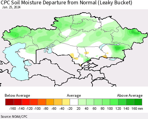 Kazakhstan CPC Soil Moisture Departure from Normal (Leaky Bucket) Thematic Map For 1/21/2024 - 1/25/2024