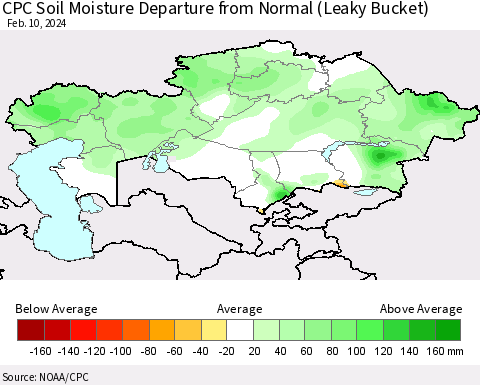 Kazakhstan CPC Soil Moisture Departure from Normal (Leaky Bucket) Thematic Map For 2/6/2024 - 2/10/2024