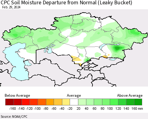 Kazakhstan CPC Soil Moisture Departure from Normal (Leaky Bucket) Thematic Map For 2/26/2024 - 2/29/2024