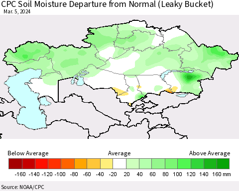 Kazakhstan CPC Soil Moisture Departure from Normal (Leaky Bucket) Thematic Map For 3/1/2024 - 3/5/2024