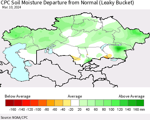 Kazakhstan CPC Soil Moisture Departure from Normal (Leaky Bucket) Thematic Map For 3/6/2024 - 3/10/2024
