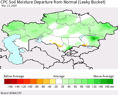 Kazakhstan CPC Soil Moisture Departure from Normal (Leaky Bucket) Thematic Map For 3/11/2024 - 3/15/2024
