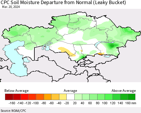 Kazakhstan CPC Soil Moisture Departure from Normal (Leaky Bucket) Thematic Map For 3/16/2024 - 3/20/2024
