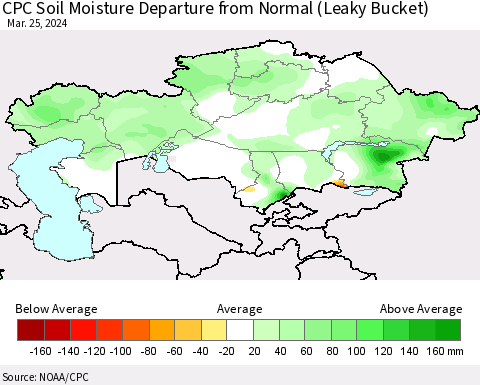 Kazakhstan CPC Soil Moisture Departure from Normal (Leaky Bucket) Thematic Map For 3/21/2024 - 3/25/2024