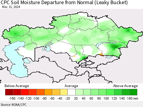 Kazakhstan CPC Soil Moisture Departure from Normal (Leaky Bucket) Thematic Map For 3/26/2024 - 3/31/2024