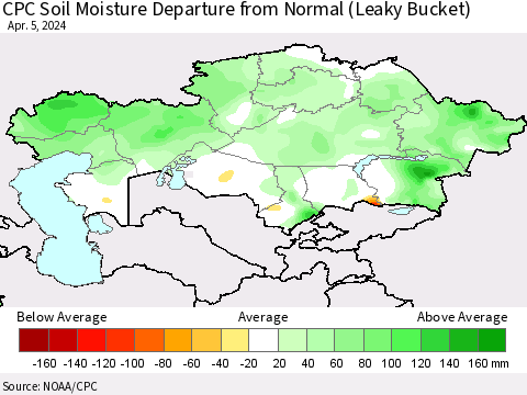 Kazakhstan CPC Soil Moisture Departure from Normal (Leaky Bucket) Thematic Map For 4/1/2024 - 4/5/2024