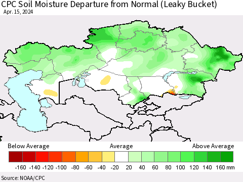 Kazakhstan CPC Soil Moisture Departure from Normal (Leaky Bucket) Thematic Map For 4/11/2024 - 4/15/2024