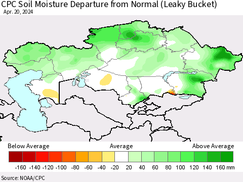Kazakhstan CPC Soil Moisture Departure from Normal (Leaky Bucket) Thematic Map For 4/16/2024 - 4/20/2024