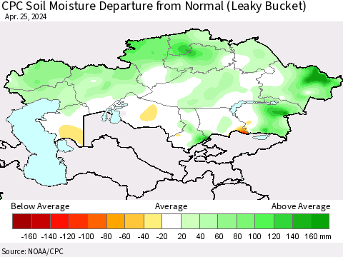 Kazakhstan CPC Soil Moisture Departure from Normal (Leaky Bucket) Thematic Map For 4/21/2024 - 4/25/2024