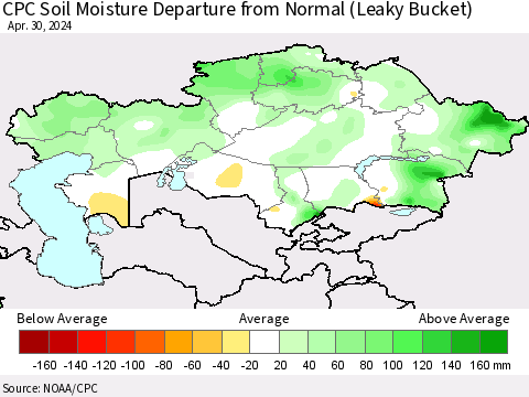 Kazakhstan CPC Soil Moisture Departure from Normal (Leaky Bucket) Thematic Map For 4/26/2024 - 4/30/2024