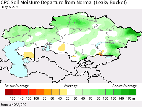 Kazakhstan CPC Soil Moisture Departure from Normal (Leaky Bucket) Thematic Map For 5/1/2024 - 5/5/2024