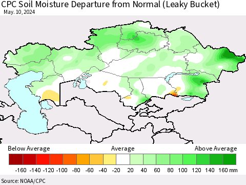 Kazakhstan CPC Soil Moisture Departure from Normal (Leaky Bucket) Thematic Map For 5/6/2024 - 5/10/2024