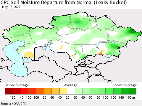 Kazakhstan CPC Soil Moisture Departure from Normal (Leaky Bucket) Thematic Map For 5/11/2024 - 5/15/2024