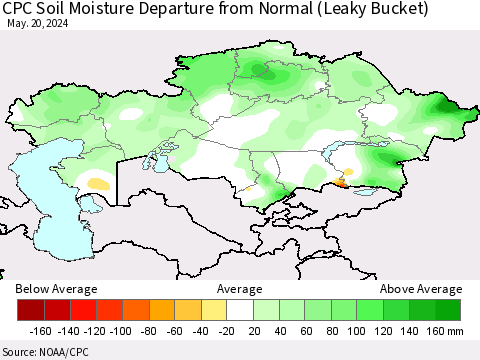 Kazakhstan CPC Soil Moisture Departure from Normal (Leaky Bucket) Thematic Map For 5/16/2024 - 5/20/2024