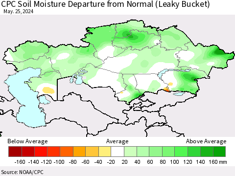 Kazakhstan CPC Soil Moisture Departure from Normal (Leaky Bucket) Thematic Map For 5/21/2024 - 5/25/2024