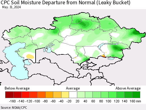 Kazakhstan CPC Soil Moisture Departure from Normal (Leaky Bucket) Thematic Map For 5/26/2024 - 5/31/2024