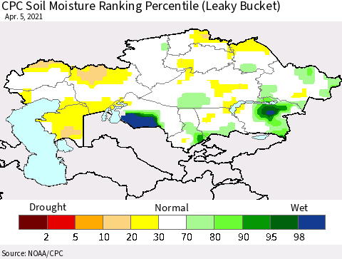 Kazakhstan CPC Soil Moisture Ranking Percentile (Leaky Bucket) Thematic Map For 4/1/2021 - 4/5/2021