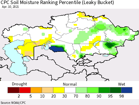 Kazakhstan CPC Soil Moisture Ranking Percentile (Leaky Bucket) Thematic Map For 4/6/2021 - 4/10/2021