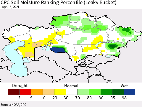 Kazakhstan CPC Soil Moisture Ranking Percentile (Leaky Bucket) Thematic Map For 4/11/2021 - 4/15/2021