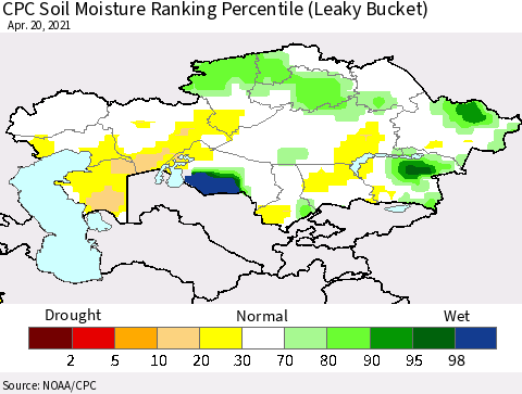 Kazakhstan CPC Soil Moisture Ranking Percentile (Leaky Bucket) Thematic Map For 4/16/2021 - 4/20/2021