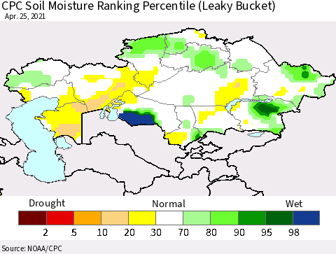 Kazakhstan CPC Soil Moisture Ranking Percentile (Leaky Bucket) Thematic Map For 4/21/2021 - 4/25/2021