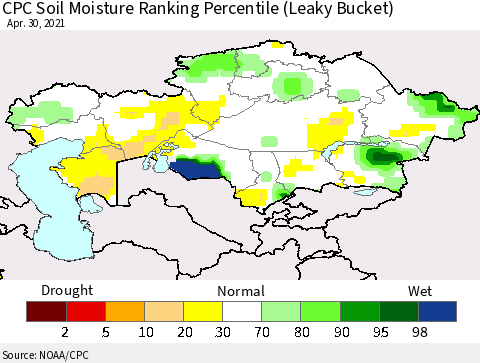 Kazakhstan CPC Soil Moisture Ranking Percentile (Leaky Bucket) Thematic Map For 4/26/2021 - 4/30/2021