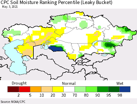 Kazakhstan CPC Soil Moisture Ranking Percentile (Leaky Bucket) Thematic Map For 5/1/2021 - 5/5/2021