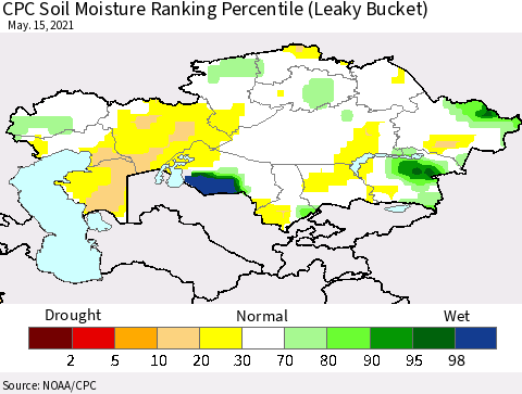Kazakhstan CPC Soil Moisture Ranking Percentile (Leaky Bucket) Thematic Map For 5/11/2021 - 5/15/2021