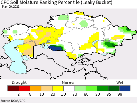 Kazakhstan CPC Soil Moisture Ranking Percentile (Leaky Bucket) Thematic Map For 5/16/2021 - 5/20/2021