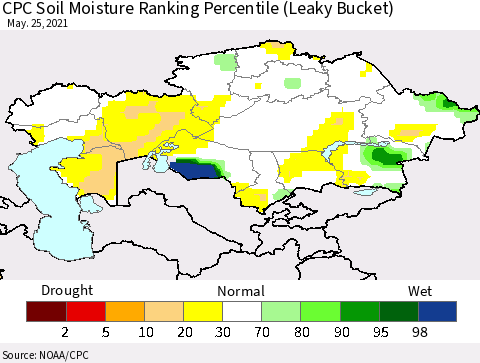 Kazakhstan CPC Soil Moisture Ranking Percentile (Leaky Bucket) Thematic Map For 5/21/2021 - 5/25/2021