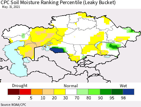 Kazakhstan CPC Soil Moisture Ranking Percentile (Leaky Bucket) Thematic Map For 5/26/2021 - 5/31/2021