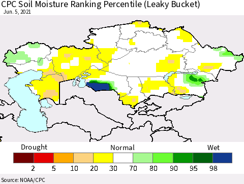Kazakhstan CPC Soil Moisture Ranking Percentile (Leaky Bucket) Thematic Map For 6/1/2021 - 6/5/2021