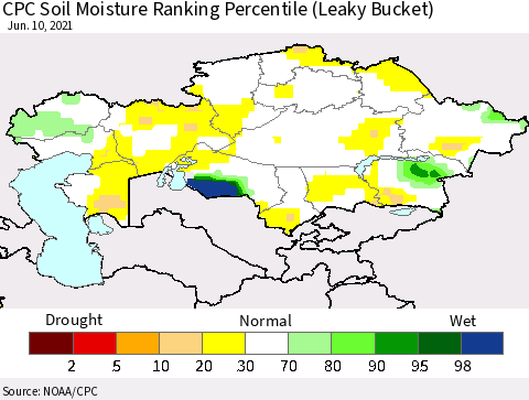 Kazakhstan CPC Soil Moisture Ranking Percentile (Leaky Bucket) Thematic Map For 6/6/2021 - 6/10/2021