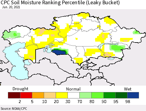 Kazakhstan CPC Soil Moisture Ranking Percentile (Leaky Bucket) Thematic Map For 6/16/2021 - 6/20/2021