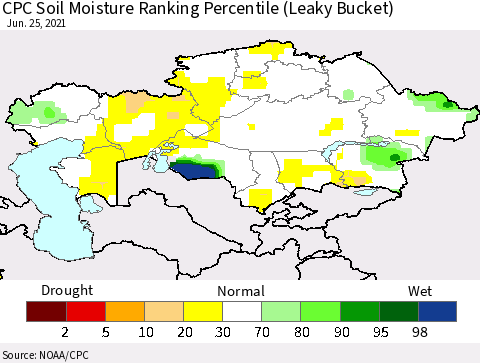 Kazakhstan CPC Soil Moisture Ranking Percentile (Leaky Bucket) Thematic Map For 6/21/2021 - 6/25/2021