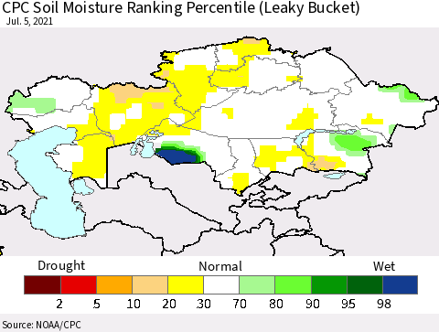 Kazakhstan CPC Soil Moisture Ranking Percentile (Leaky Bucket) Thematic Map For 7/1/2021 - 7/5/2021