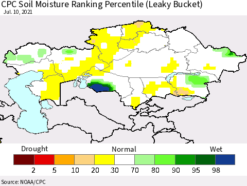 Kazakhstan CPC Soil Moisture Ranking Percentile (Leaky Bucket) Thematic Map For 7/6/2021 - 7/10/2021