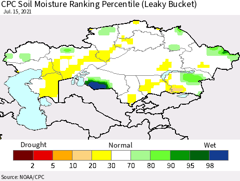 Kazakhstan CPC Soil Moisture Ranking Percentile (Leaky Bucket) Thematic Map For 7/11/2021 - 7/15/2021