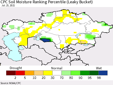 Kazakhstan CPC Soil Moisture Ranking Percentile (Leaky Bucket) Thematic Map For 7/21/2021 - 7/25/2021