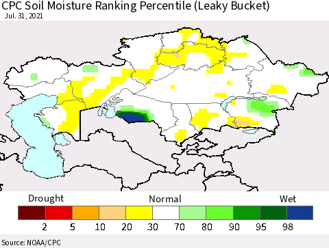 Kazakhstan CPC Soil Moisture Ranking Percentile (Leaky Bucket) Thematic Map For 7/26/2021 - 7/31/2021