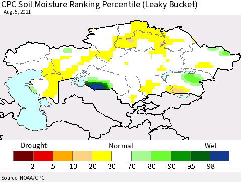 Kazakhstan CPC Soil Moisture Ranking Percentile (Leaky Bucket) Thematic Map For 8/1/2021 - 8/5/2021
