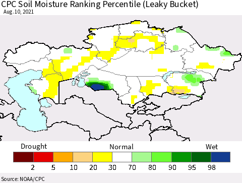 Kazakhstan CPC Soil Moisture Ranking Percentile (Leaky Bucket) Thematic Map For 8/6/2021 - 8/10/2021