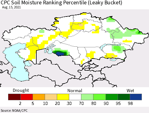 Kazakhstan CPC Soil Moisture Ranking Percentile (Leaky Bucket) Thematic Map For 8/11/2021 - 8/15/2021