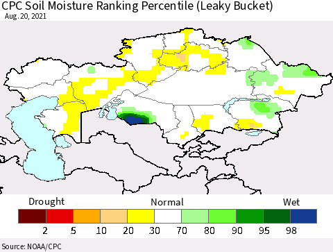 Kazakhstan CPC Soil Moisture Ranking Percentile (Leaky Bucket) Thematic Map For 8/16/2021 - 8/20/2021