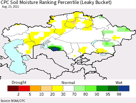 Kazakhstan CPC Soil Moisture Ranking Percentile (Leaky Bucket) Thematic Map For 8/21/2021 - 8/25/2021