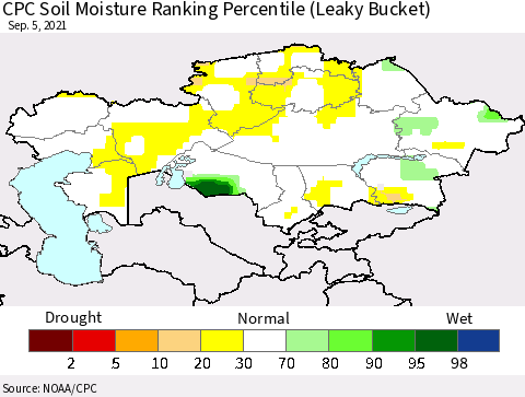 Kazakhstan CPC Soil Moisture Ranking Percentile (Leaky Bucket) Thematic Map For 9/1/2021 - 9/5/2021