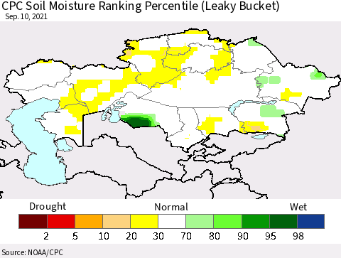 Kazakhstan CPC Soil Moisture Ranking Percentile (Leaky Bucket) Thematic Map For 9/6/2021 - 9/10/2021